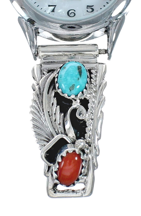 Navajo Sterling Silver Leaf Turquoise And Coral Watch NX11586